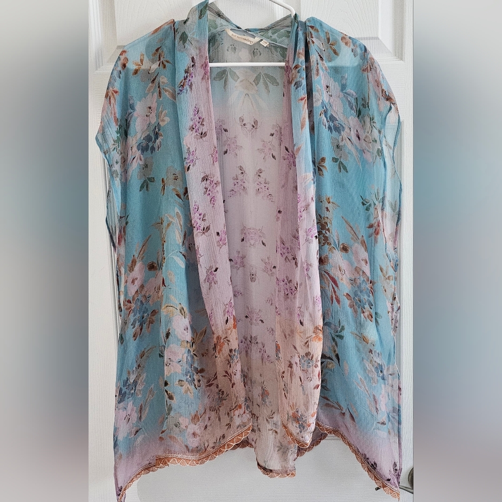 Soft Surroundings Womens Kimono one size sheer blue, pink coral Designer…